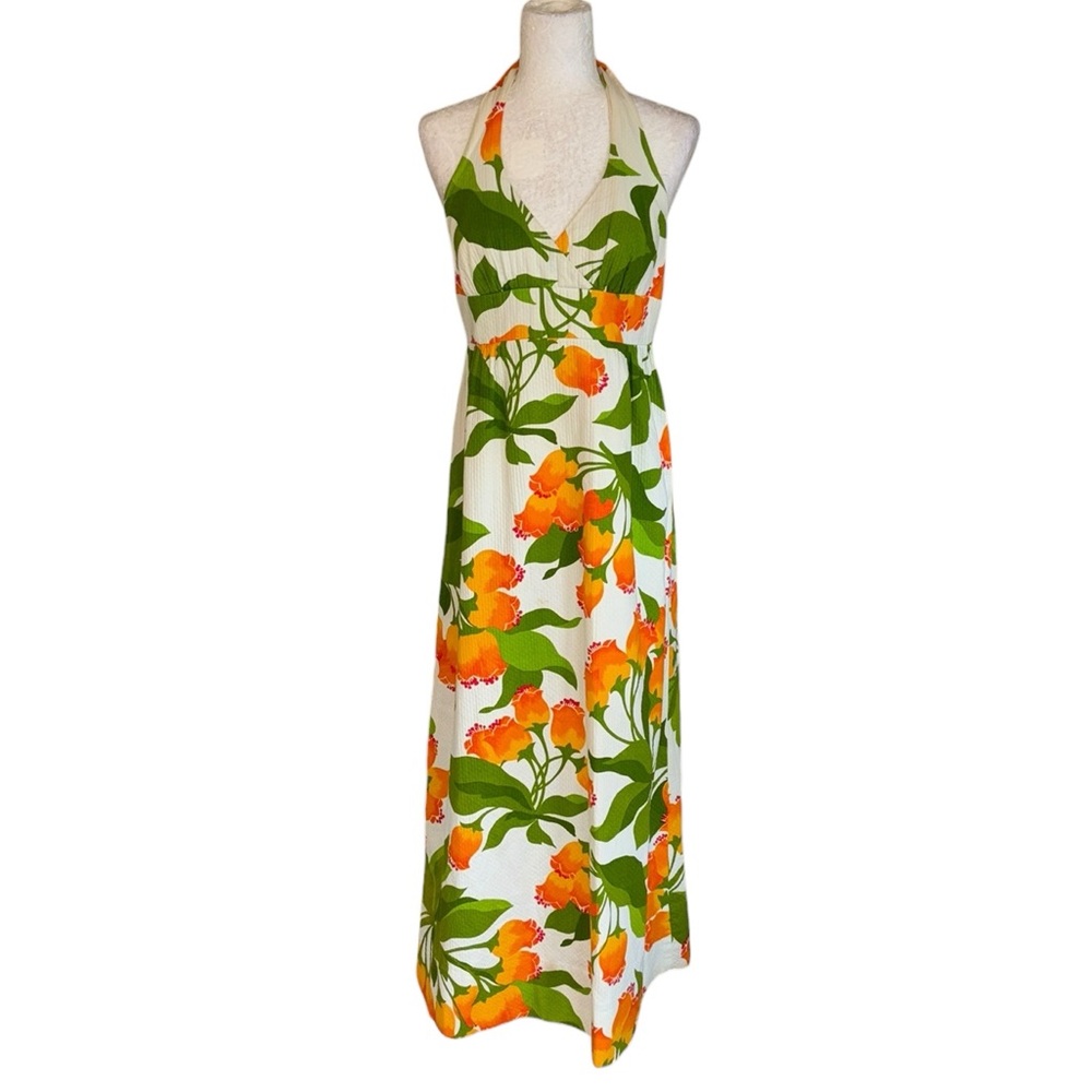 Vintage Malia Honolulu 1960s 70s Orange Green Floral Halter Neck Maxi Dress - S - Picture 2 of 12